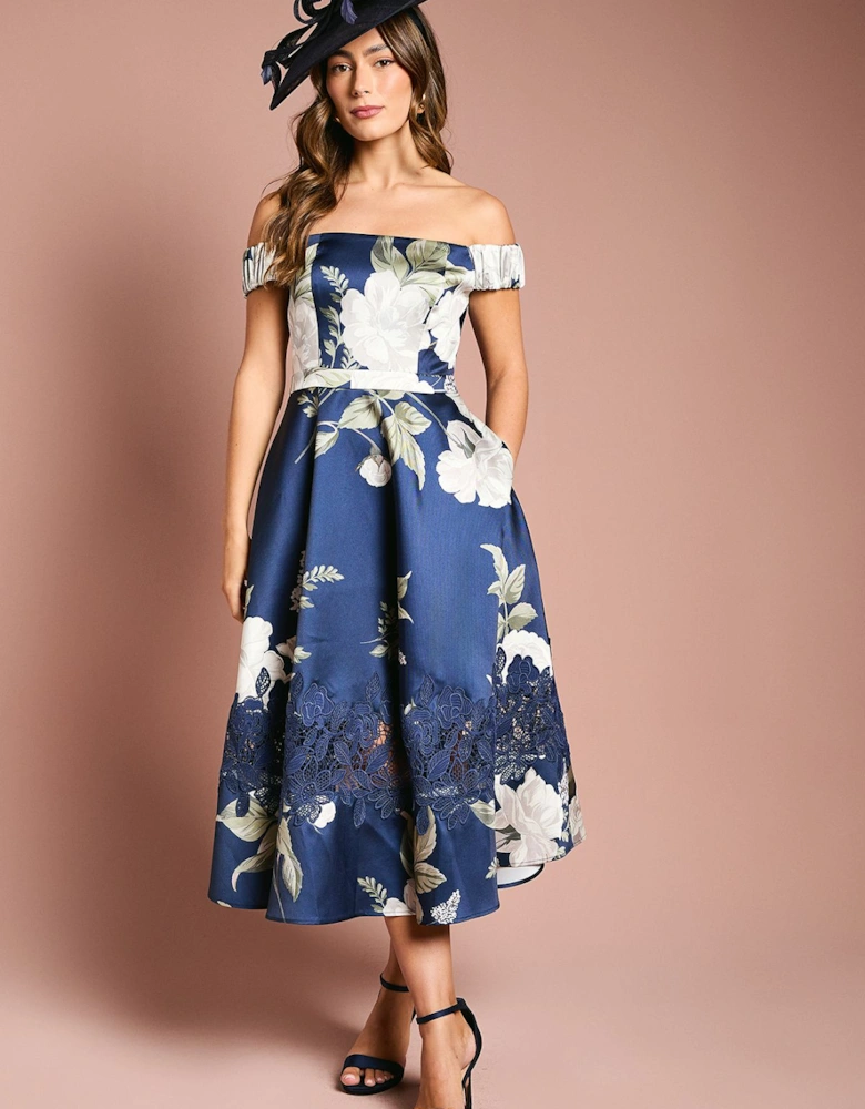 Printed Bardot Twill Midi Dress With Lace Insert