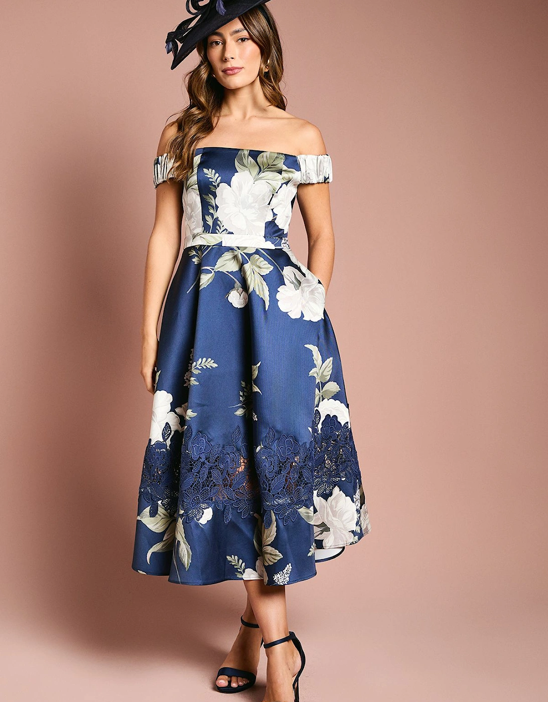 Printed Bardot Twill Midi Dress With Lace Insert, 2 of 1