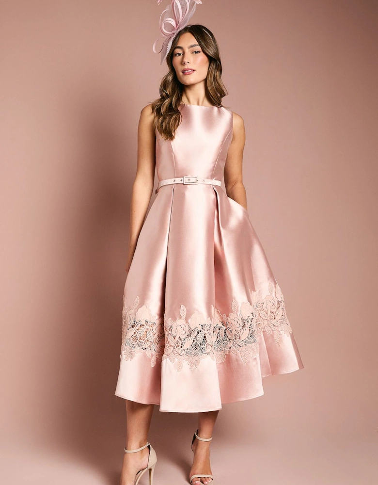 Sleeveless Twill Midi Dress With Lace Trim And Belt