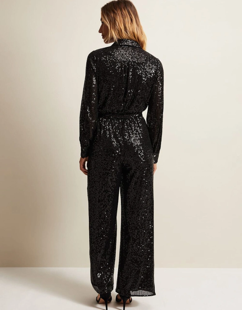 Alessandra Black Sequin Shirt Jumpsuit