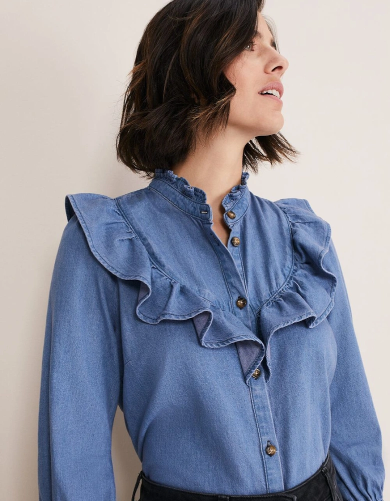 Maryam Ruffle Front Denim Blouse