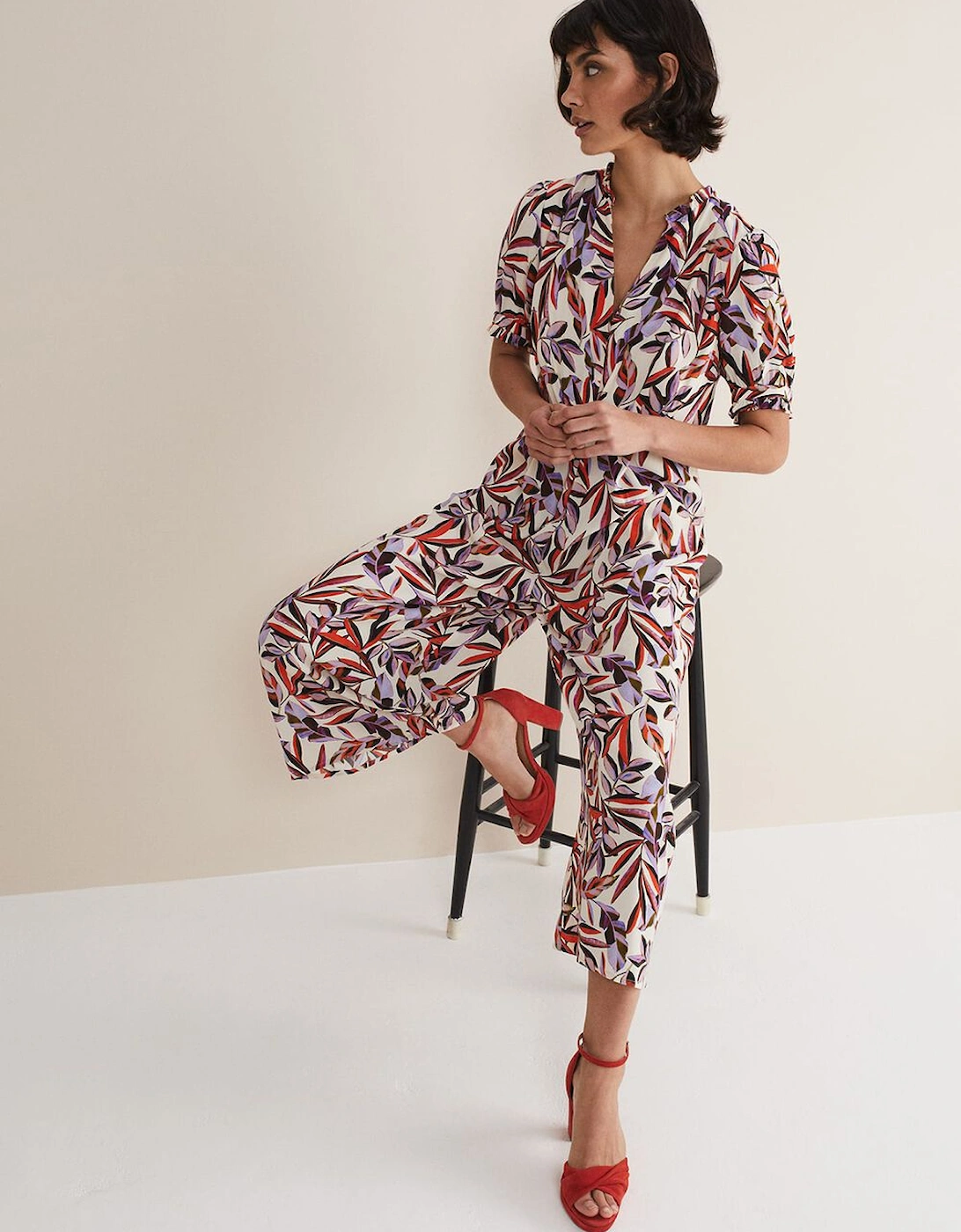 Astrid Leaf Print Cropped Wide Leg Jumpsuit