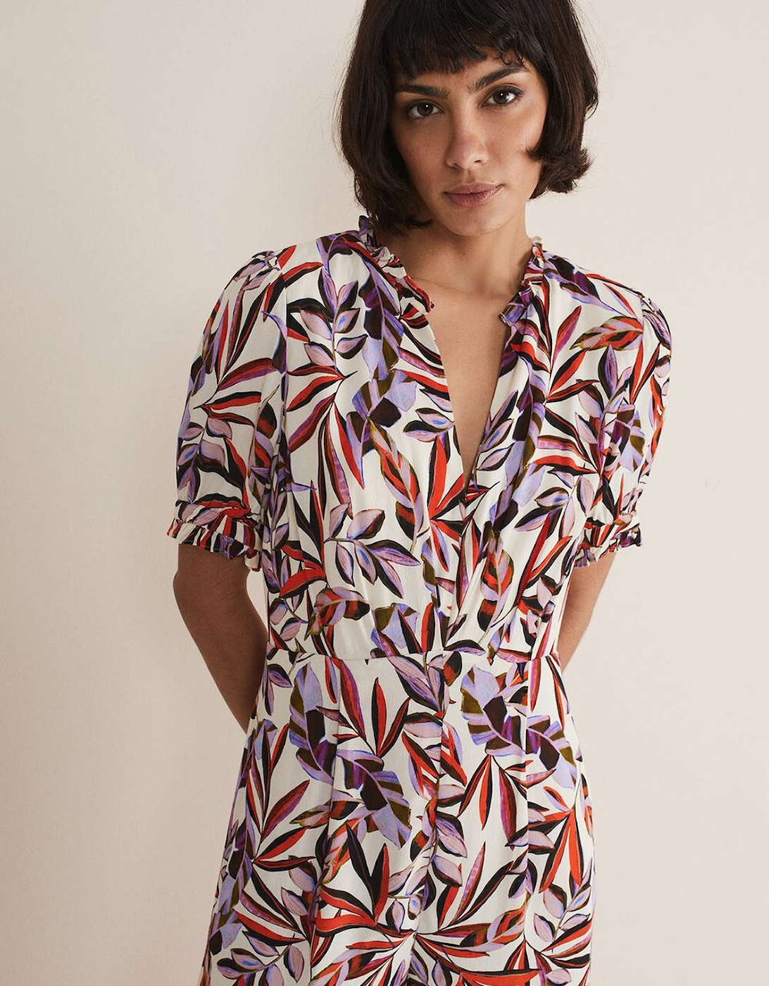 Astrid Leaf Print Cropped Wide Leg Jumpsuit