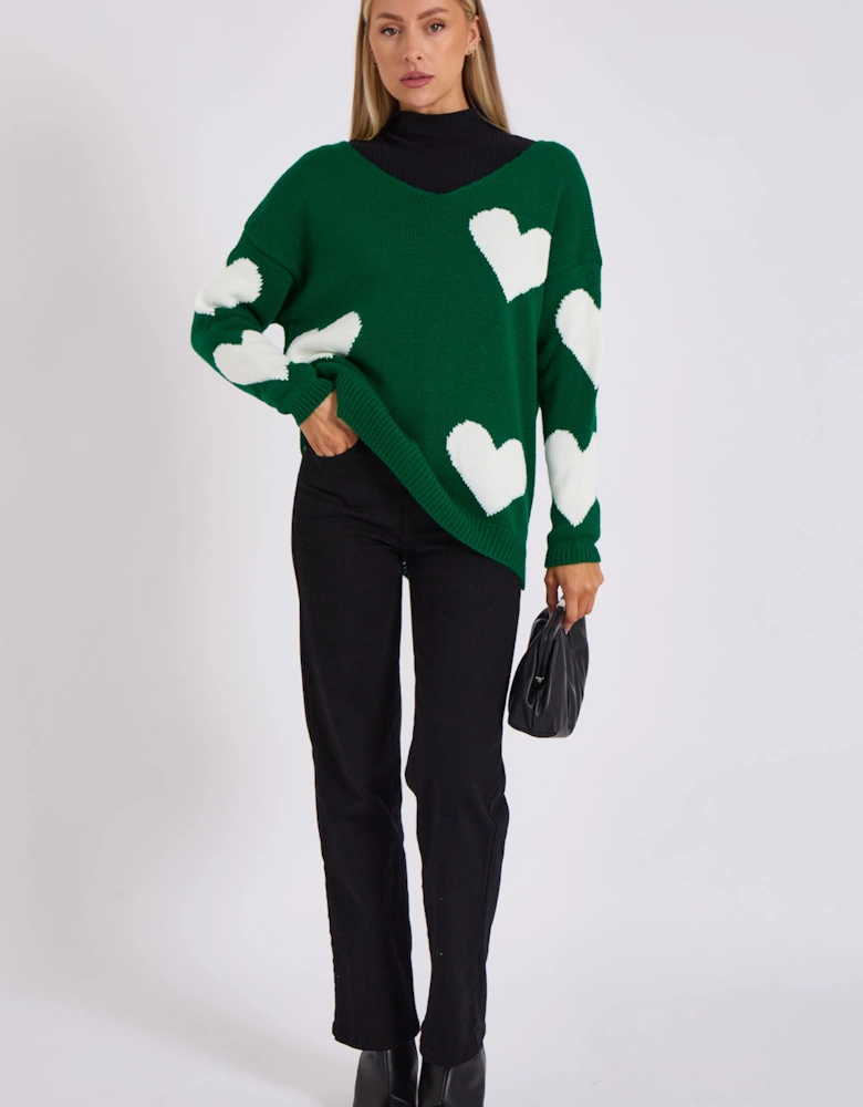 Green V Neck Oversized Heart Knit Jumper