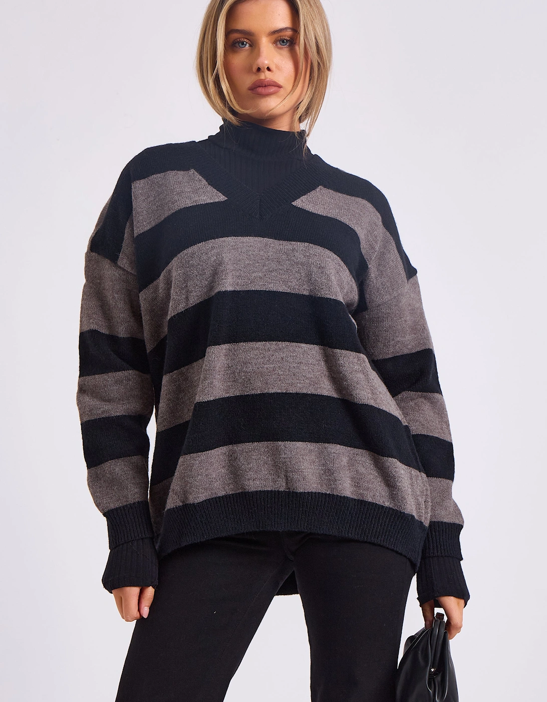 Gini London Gini London Women's Grey Wide Stripe Oversized Jumper