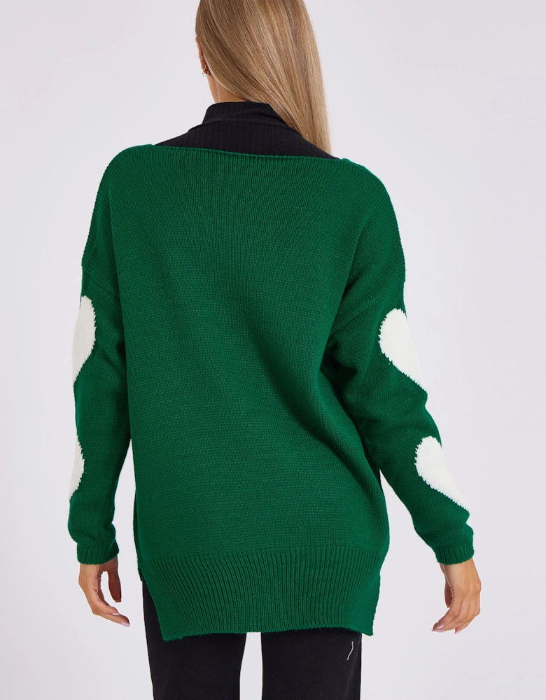 Green V Neck Oversized Heart Knit Jumper