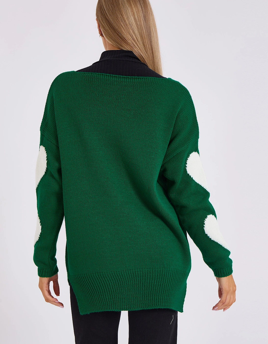 Green V Neck Oversized Heart Knit Jumper