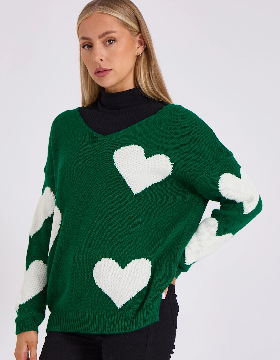 Green V Neck Oversized Heart Knit Jumper