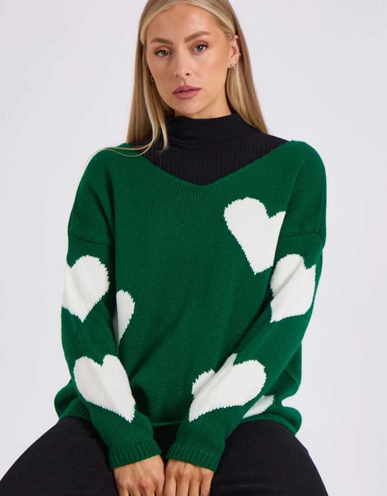 Green V Neck Oversized Heart Knit Jumper