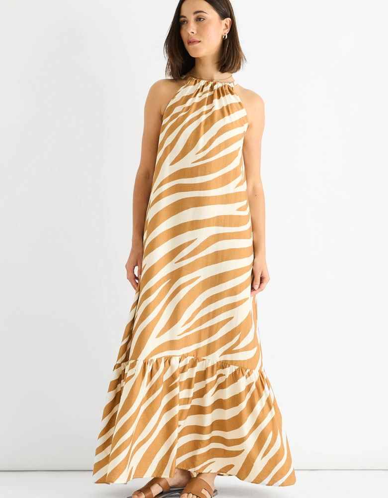 Brown Zebra Print Halter Neck Maxi Dress