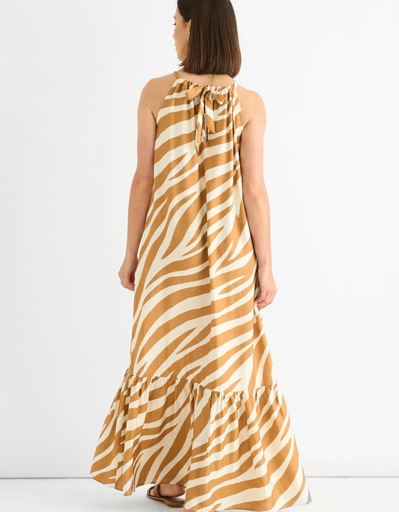 Brown Zebra Print Halter Neck Maxi Dress