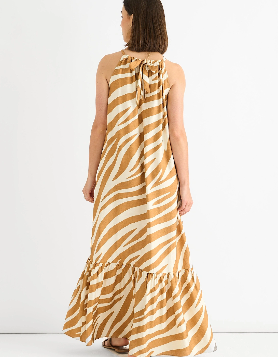 Brown Zebra Print Halter Neck Maxi Dress