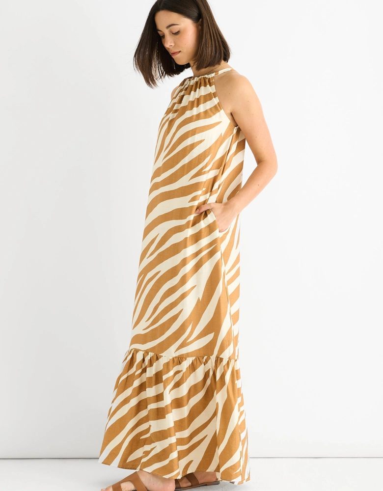 Brown Zebra Print Halter Neck Maxi Dress