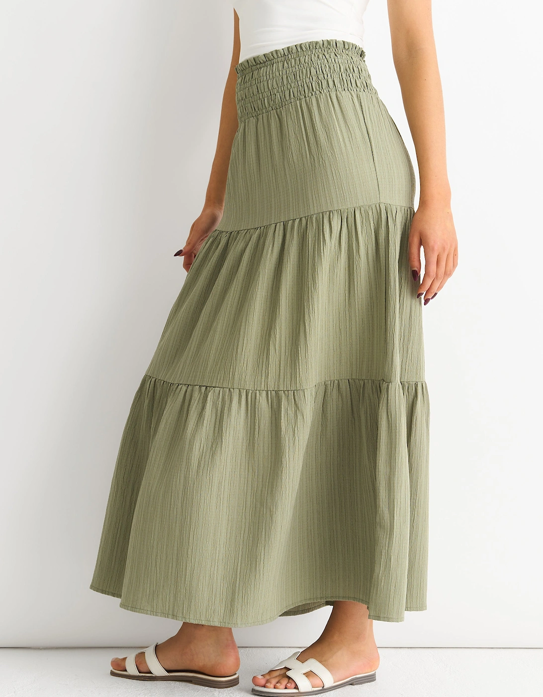 Khaki Smocked Tiered Maxi Skirt
