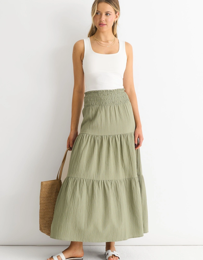 Khaki Smocked Tiered Maxi Skirt