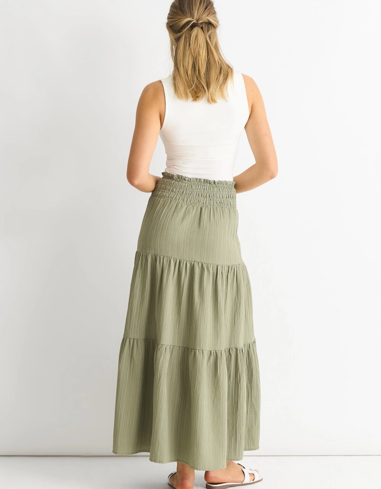 Khaki Smocked Tiered Maxi Skirt
