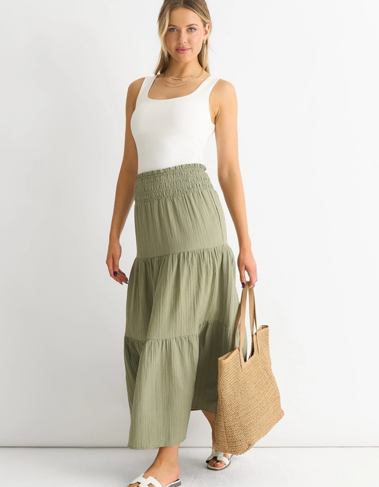 Khaki Smocked Tiered Maxi Skirt