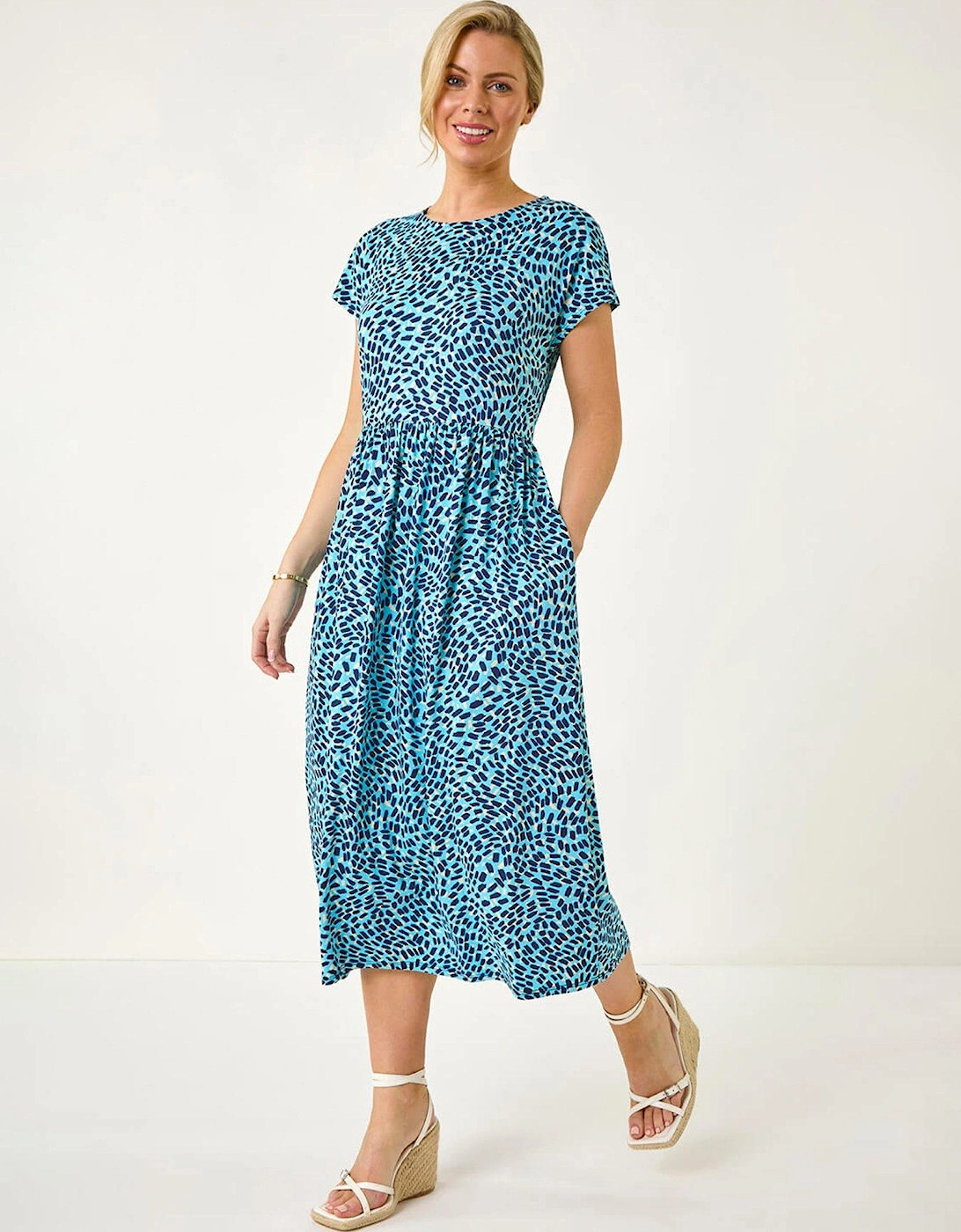 Petite Abstract Print Stretch Midi Dress - Blue, 2 of 1