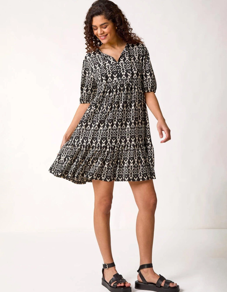 Aztec Tie Front Smock Dress - Black