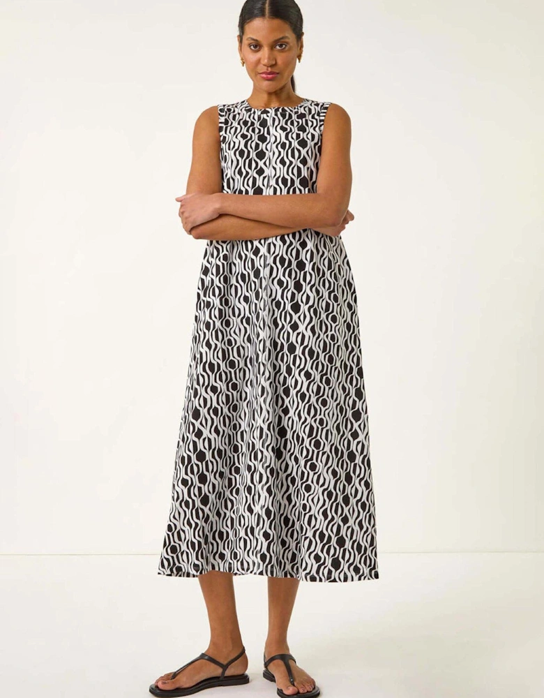 Geo Print Pocket Midi Dress - Black