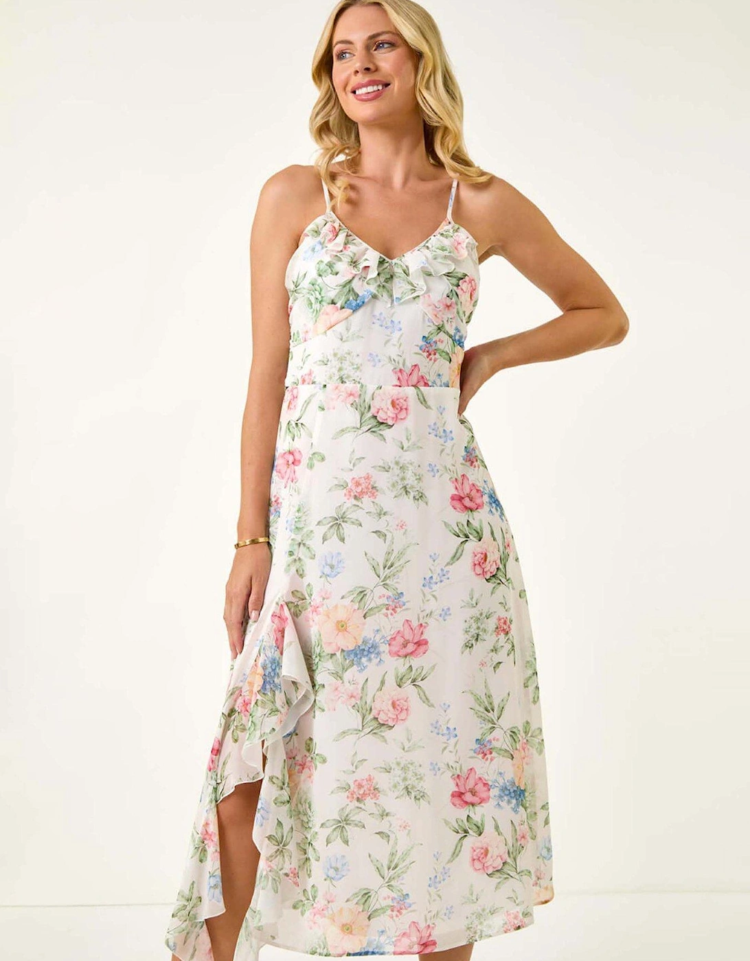 Petite Floral Frill Midi Dress - Ivory, 2 of 1
