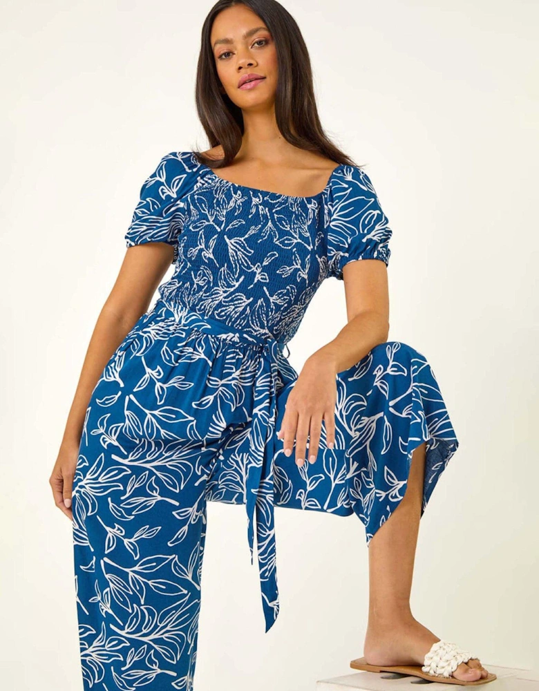 Dusk Leaf Print Wide Leg Jumpsuit - Blue