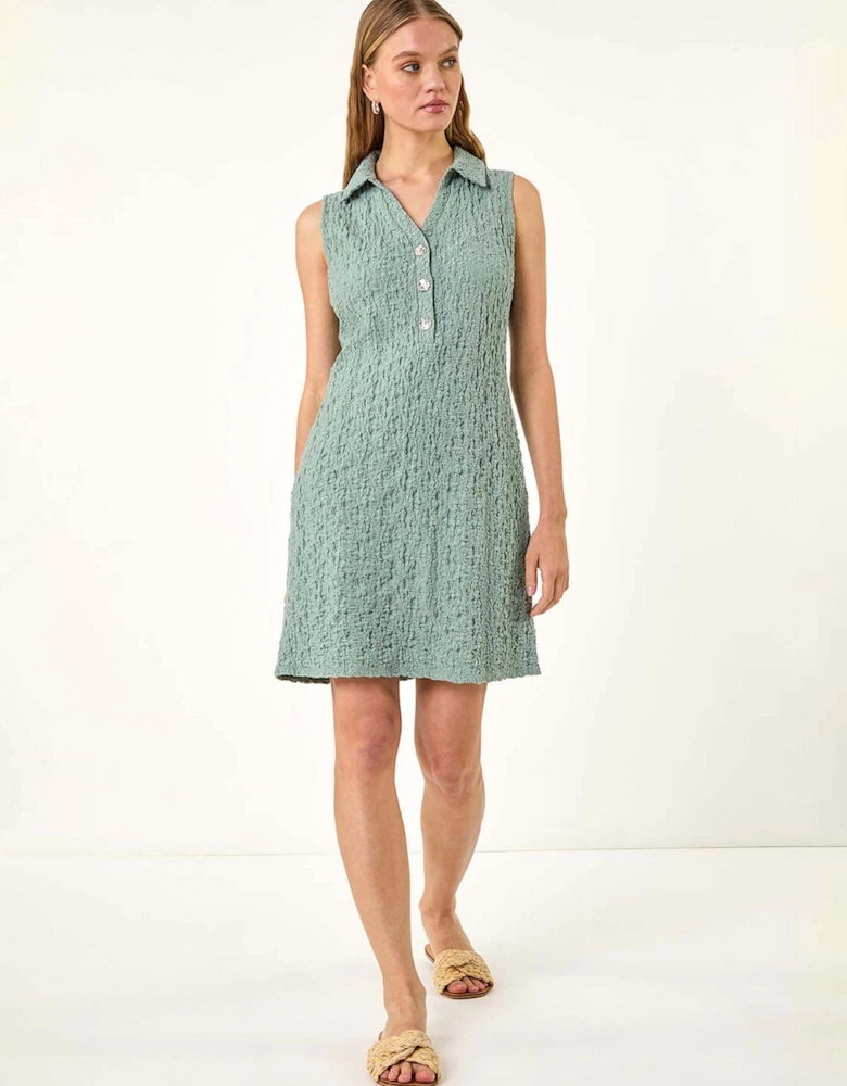 Crinkle Collared A-line Stretch Dress - Sage