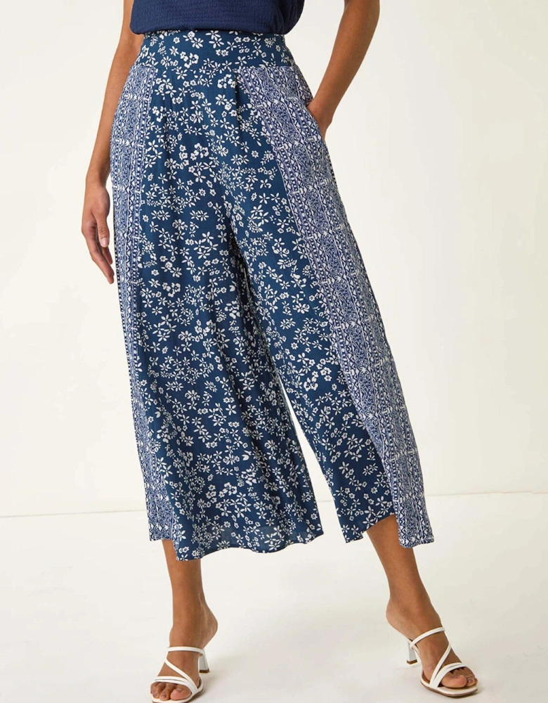 Floral Print Wide Leg Culottes - Navy