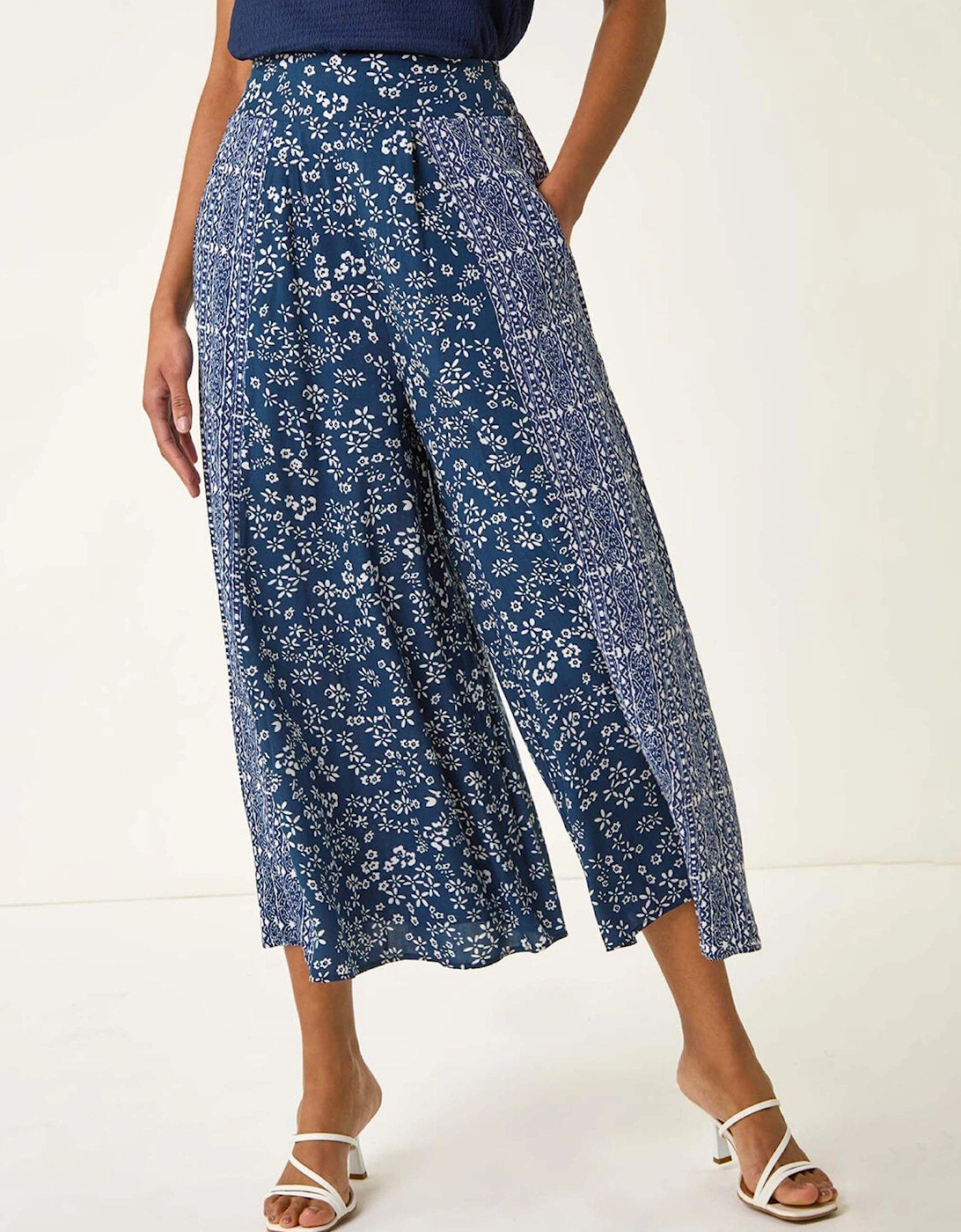 Floral Print Wide Leg Culottes - Navy, 2 of 1