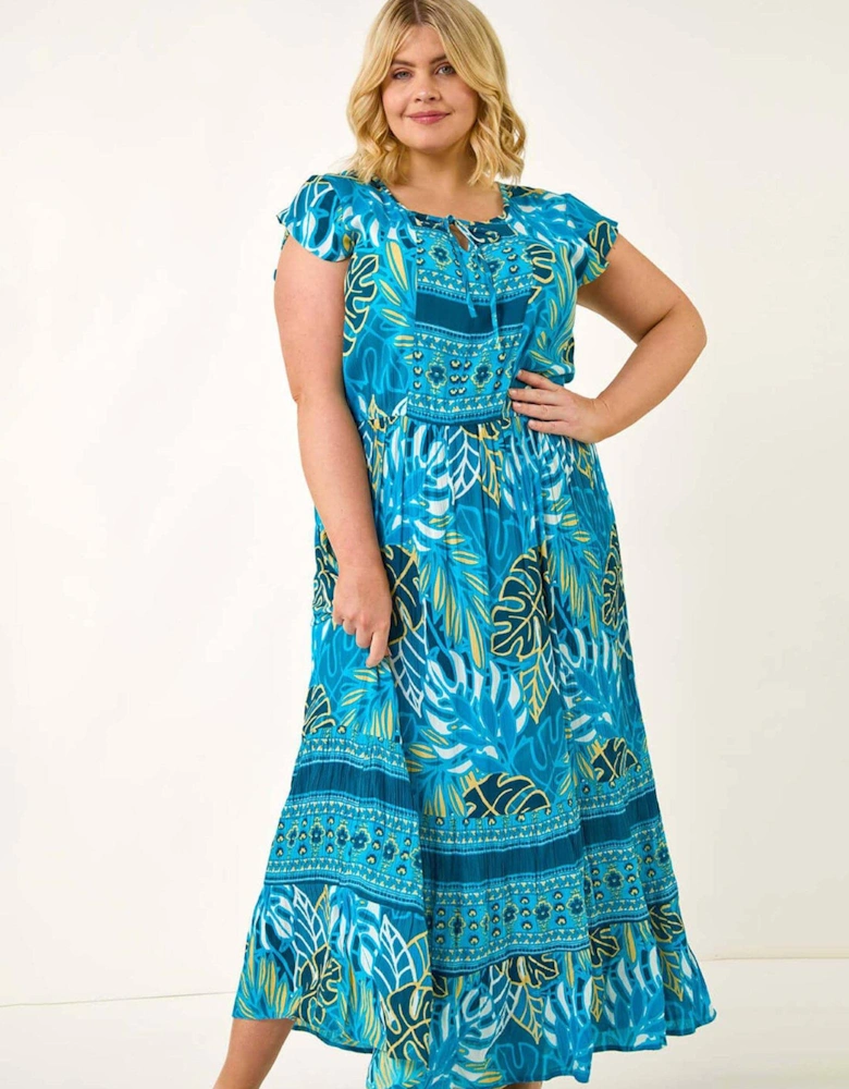 Curve Tropical Tie Neck Dress - Blue