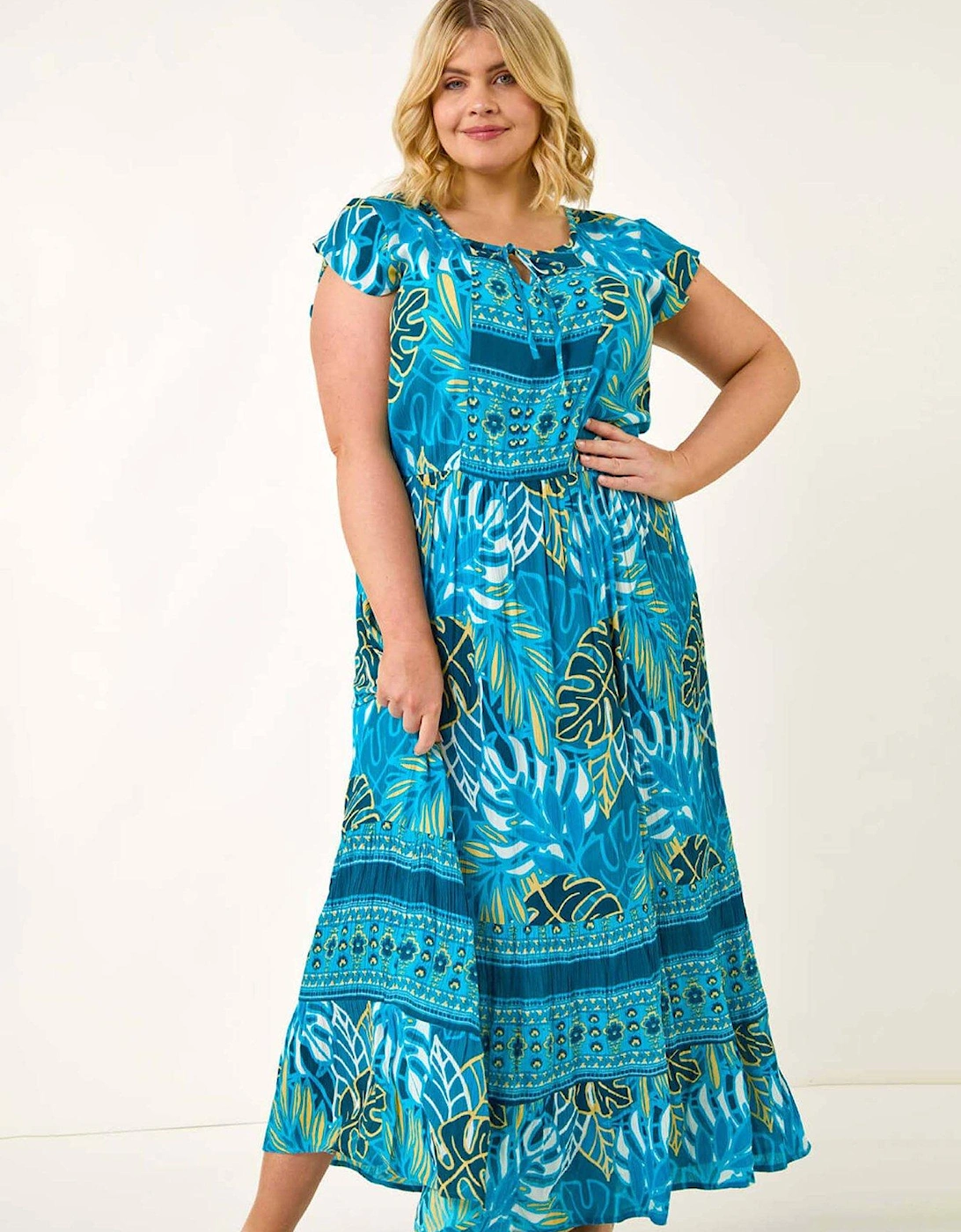 Curve Tropical Tie Neck Dress - Blue, 2 of 1