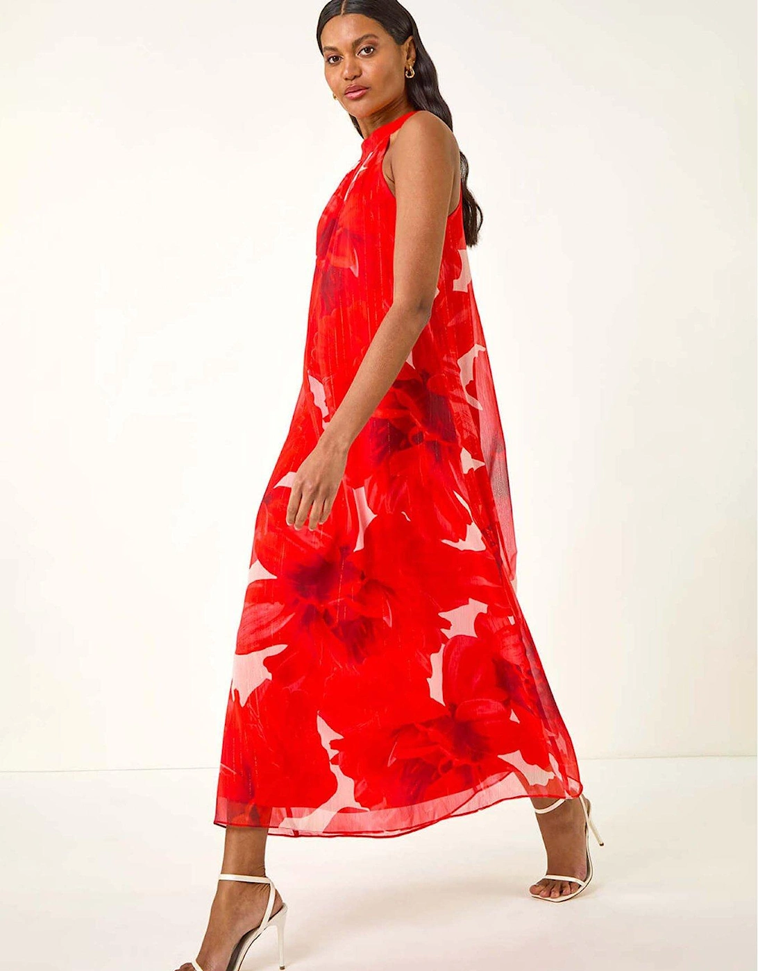 Floral Halterneck Midi Dress - Red, 2 of 1