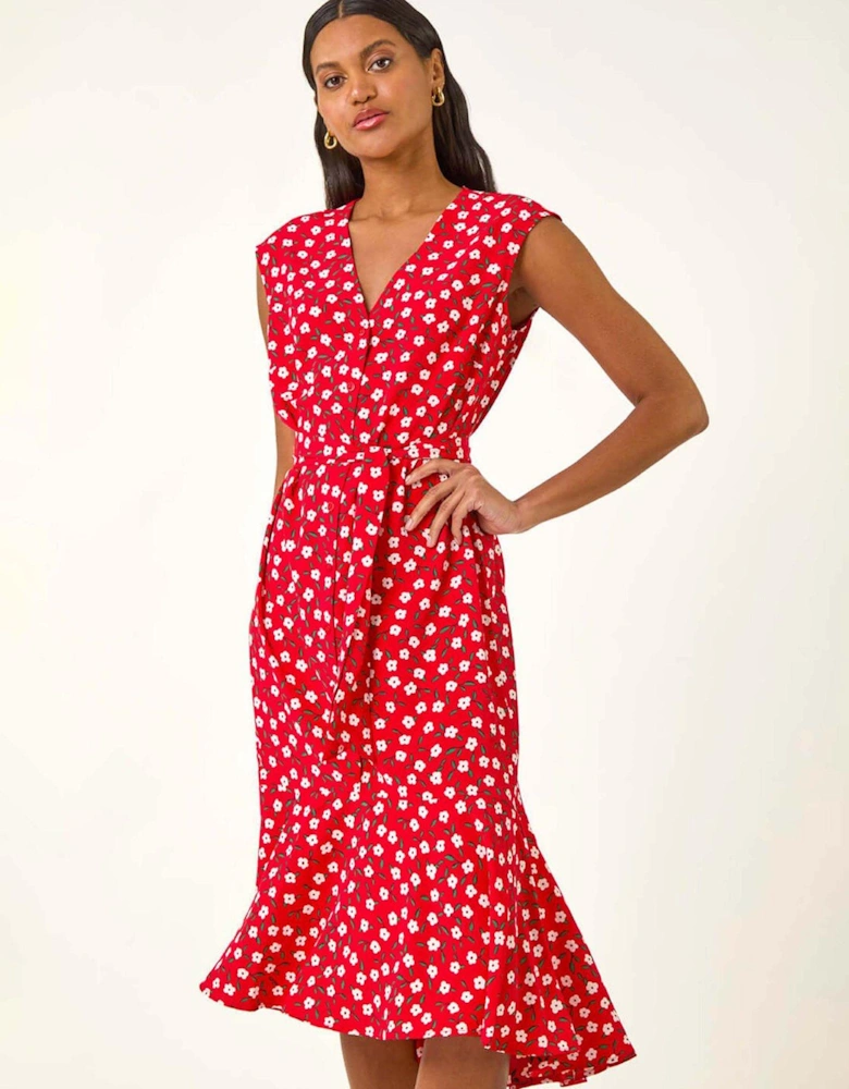 Floral Frill Buttoned Dress - Red
