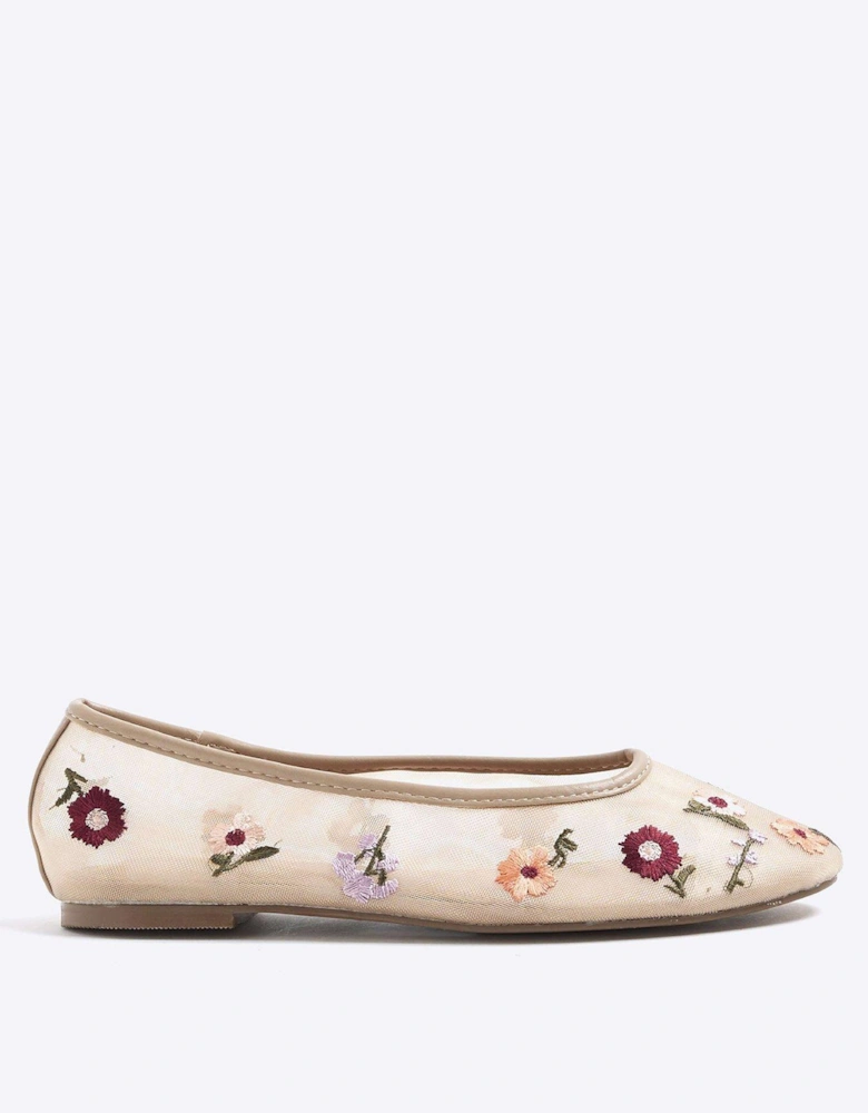 Mesh Floral Embroidered Ballet Pumps