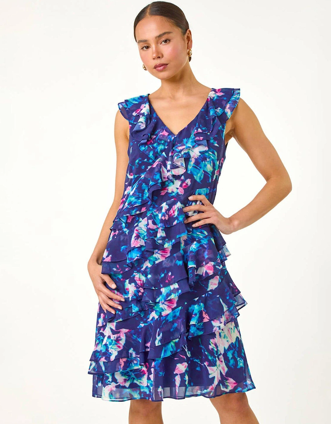 Petite Abstract Print Ruffle Shift Dress - Navy, 2 of 1