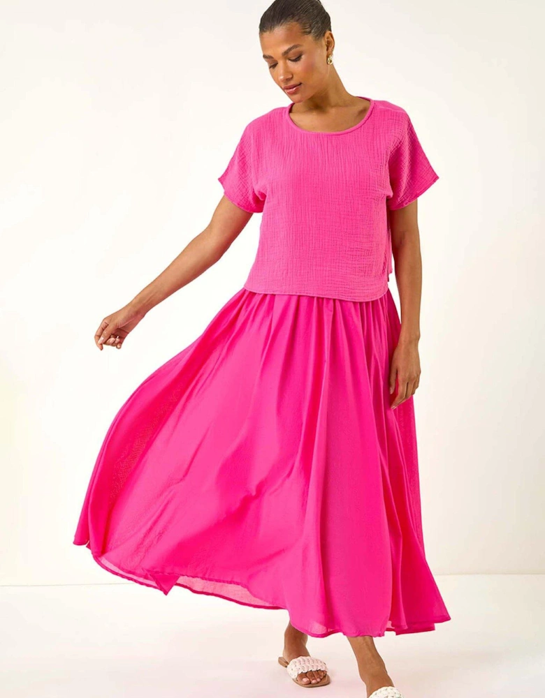 Cotton Top Overlay Midi Dress - Fuchsia