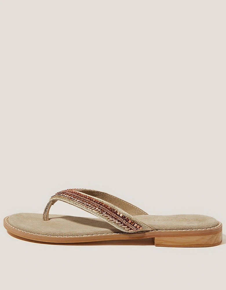 Sia Beaded Leather Flip Flop Sandals Bronze