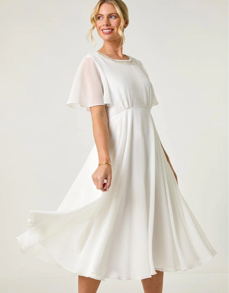 Petite Trim Neck Short Sleeve Dress - Ivory
