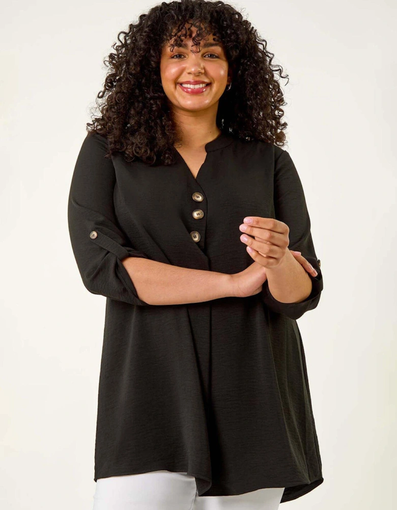 Curve Textured Buttoned Tunic Top - Black