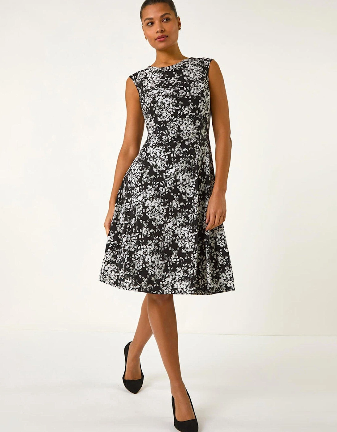 Floral Puff Print Gathered Midi Dress - Black, 2 of 1