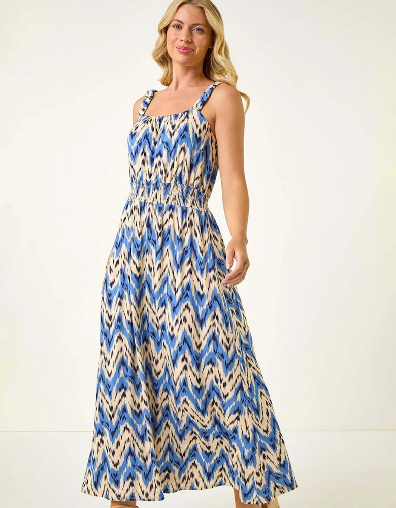 Petite Abstract Shirred Waist Midi Dress - Blue