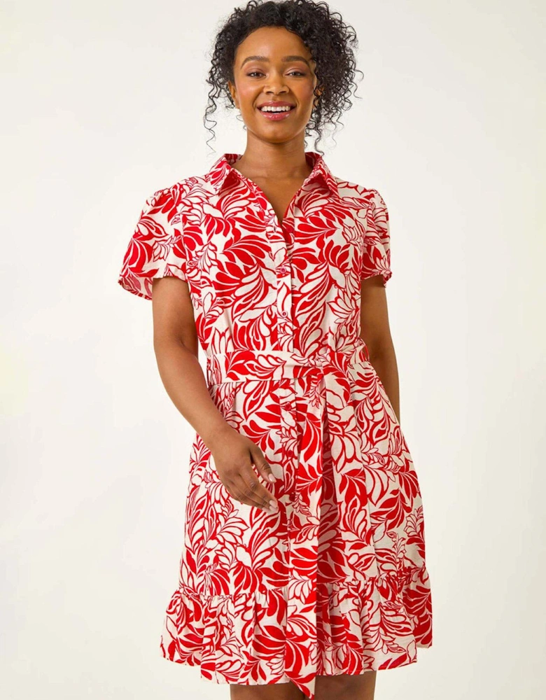 Petite Leaf Print Shirt Dress - Red