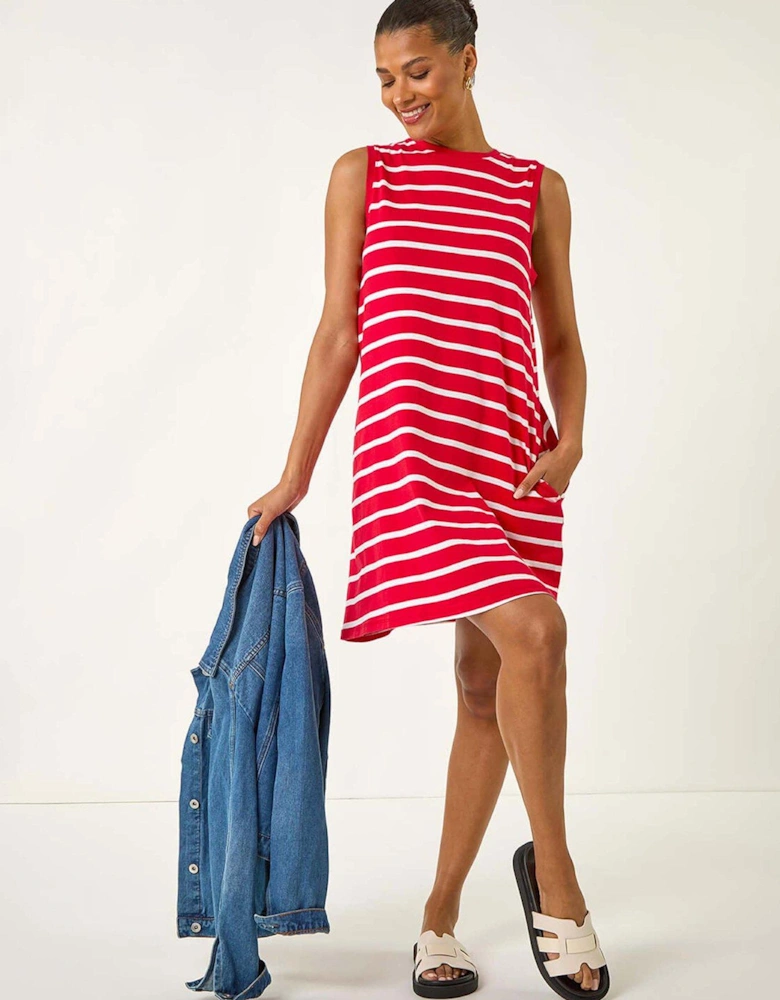 Stripe Jersey A-Line Stretch Dress - Red