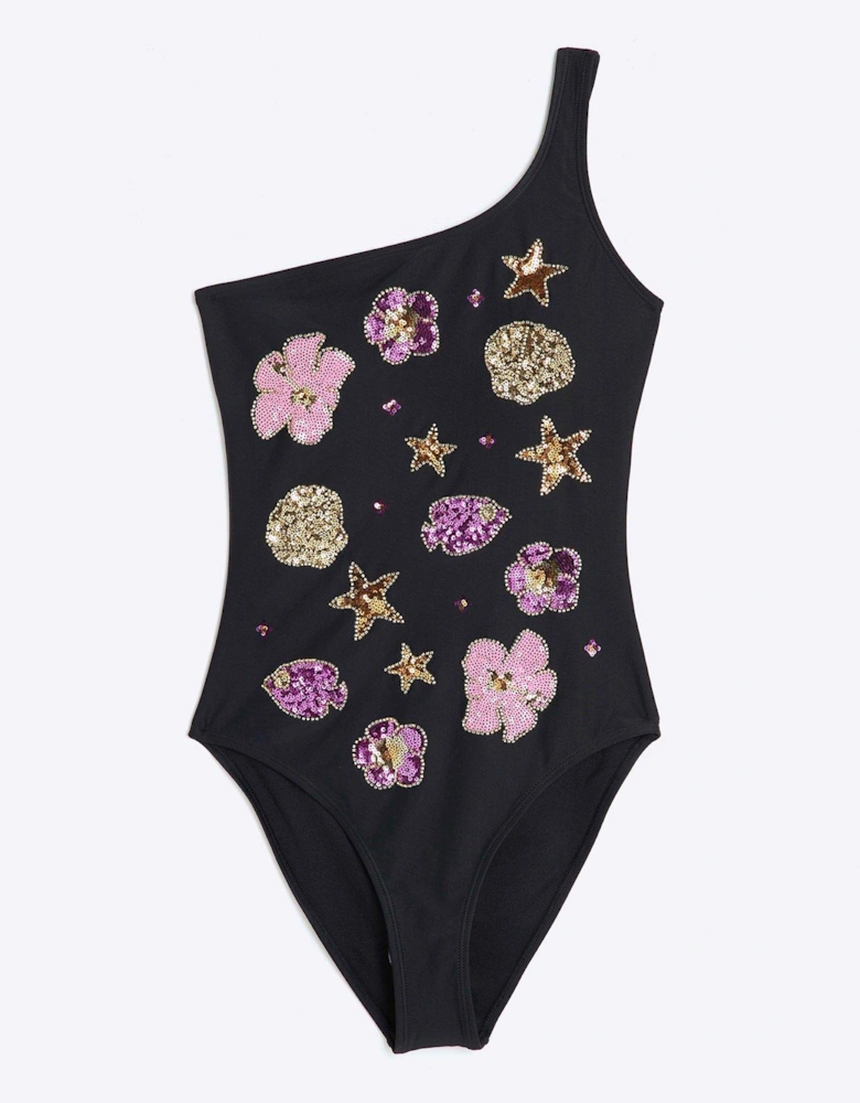 Sequin One Shoulder Swimsuit - Black