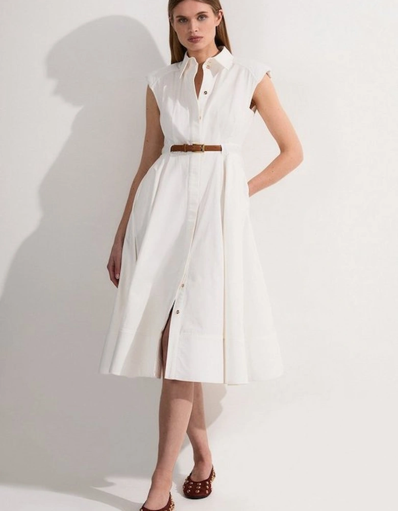 Petite Tailored Cotton Belted Collared Full Midi Dress