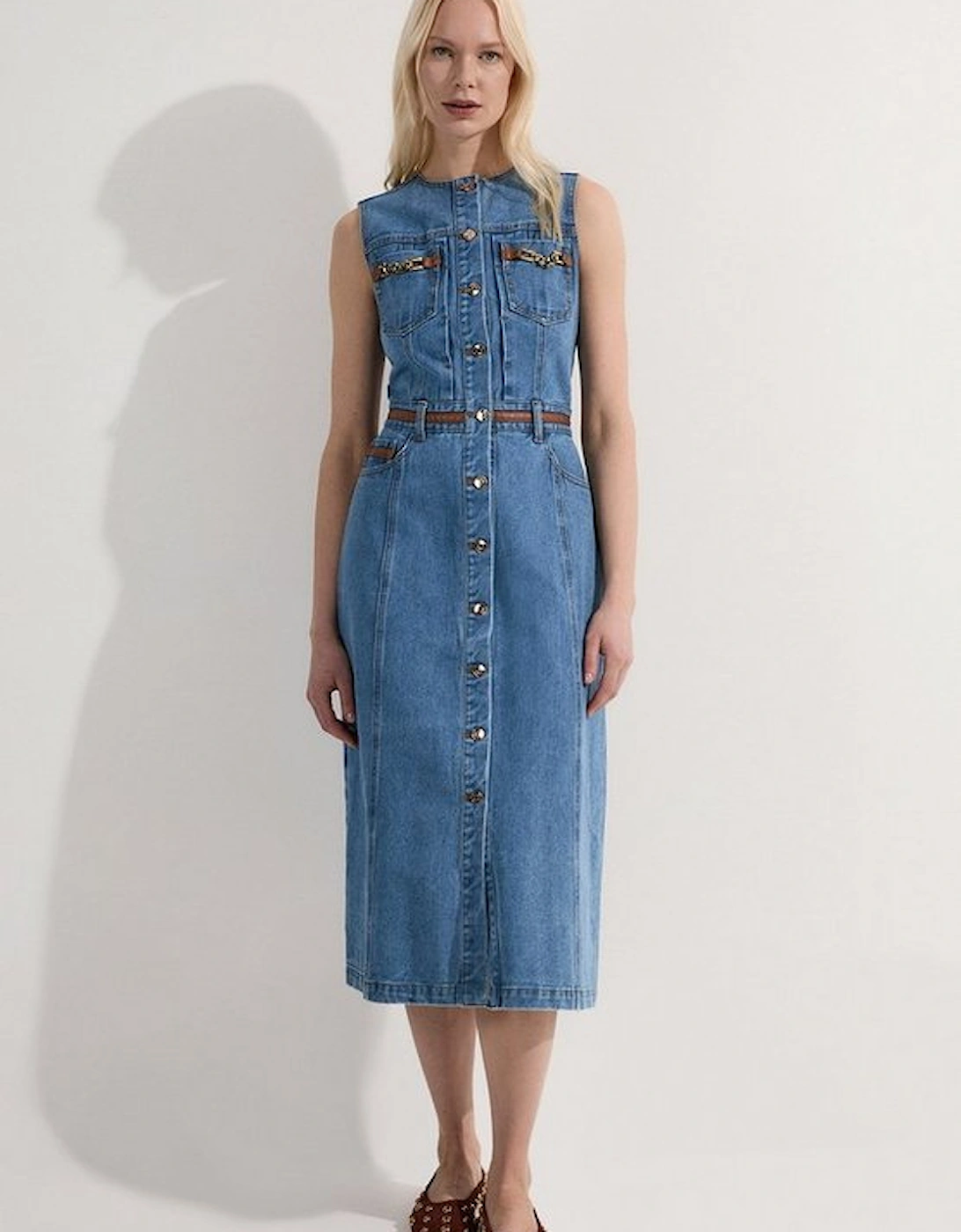 Petite Denim & Faux Leather Tipping Sleeveless Midi Dress
