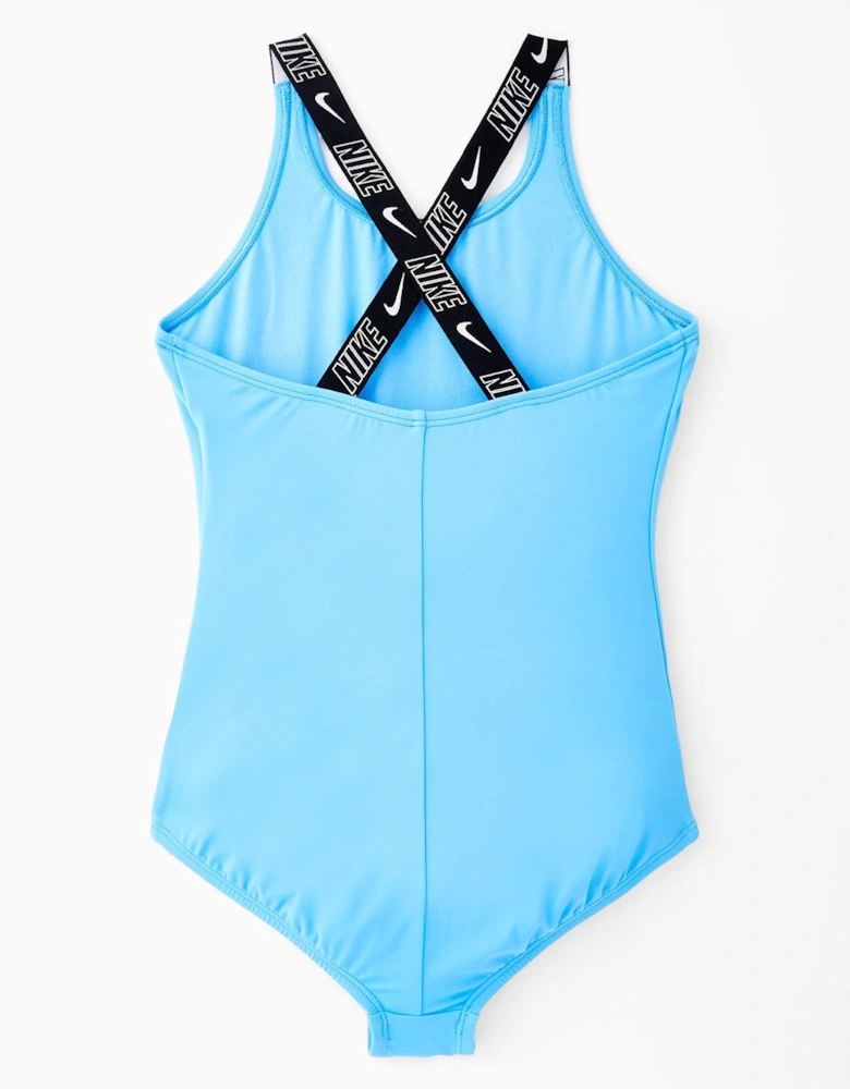 Girls Logo Taping Crossback One Piece Swimsuit - Blue