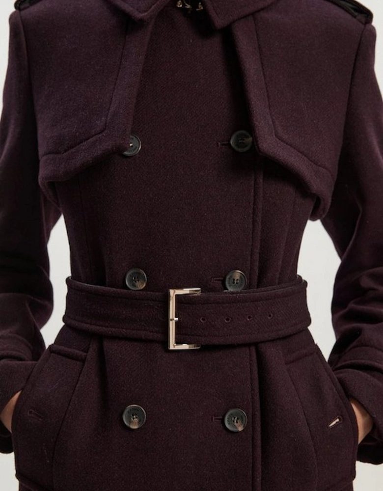 Petite Wool Pu Mix Tailored Belted Trench Maxi Coat