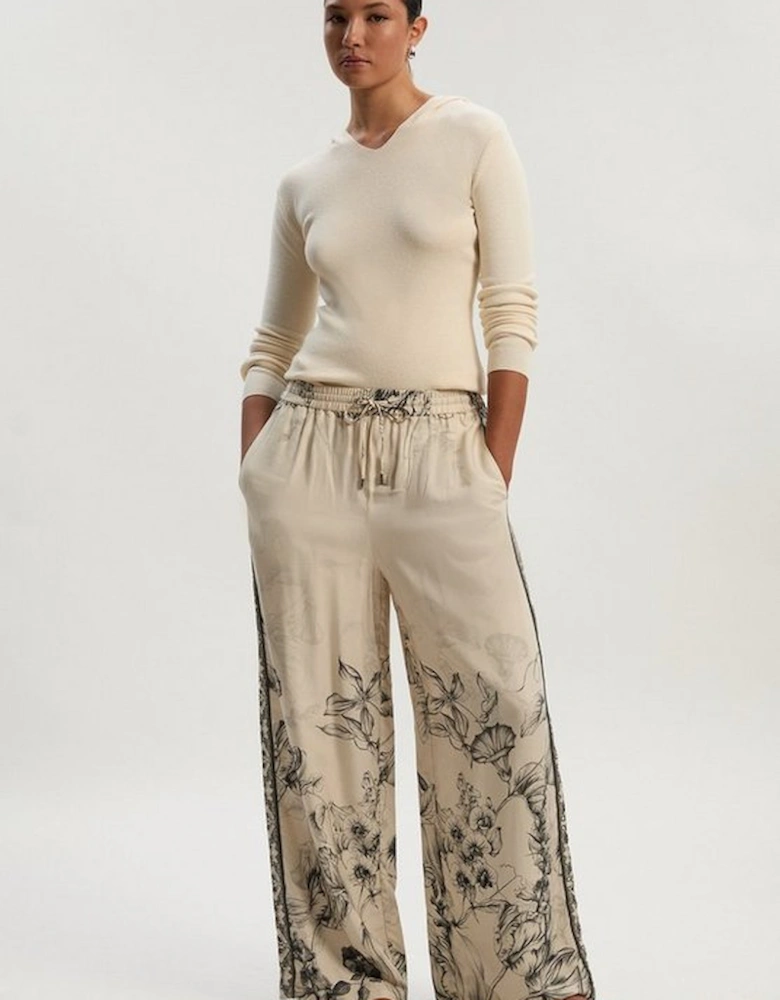 Viscose Linen Scenic Placed Print Woven Wide Leg Trousers