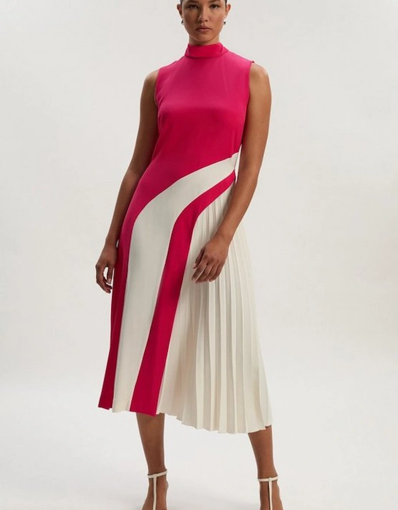 Fluid Tailored Colourblock High Neck Pleated Midi Dress